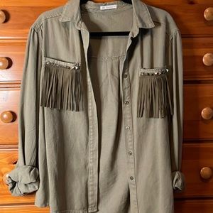 green fringe shacket